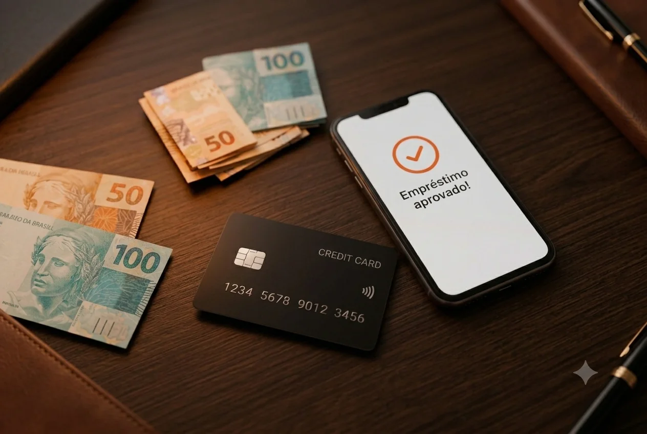 Celular com notificação de empréstimo aprovado, ao lado de um cartão de crédito e dinheiro