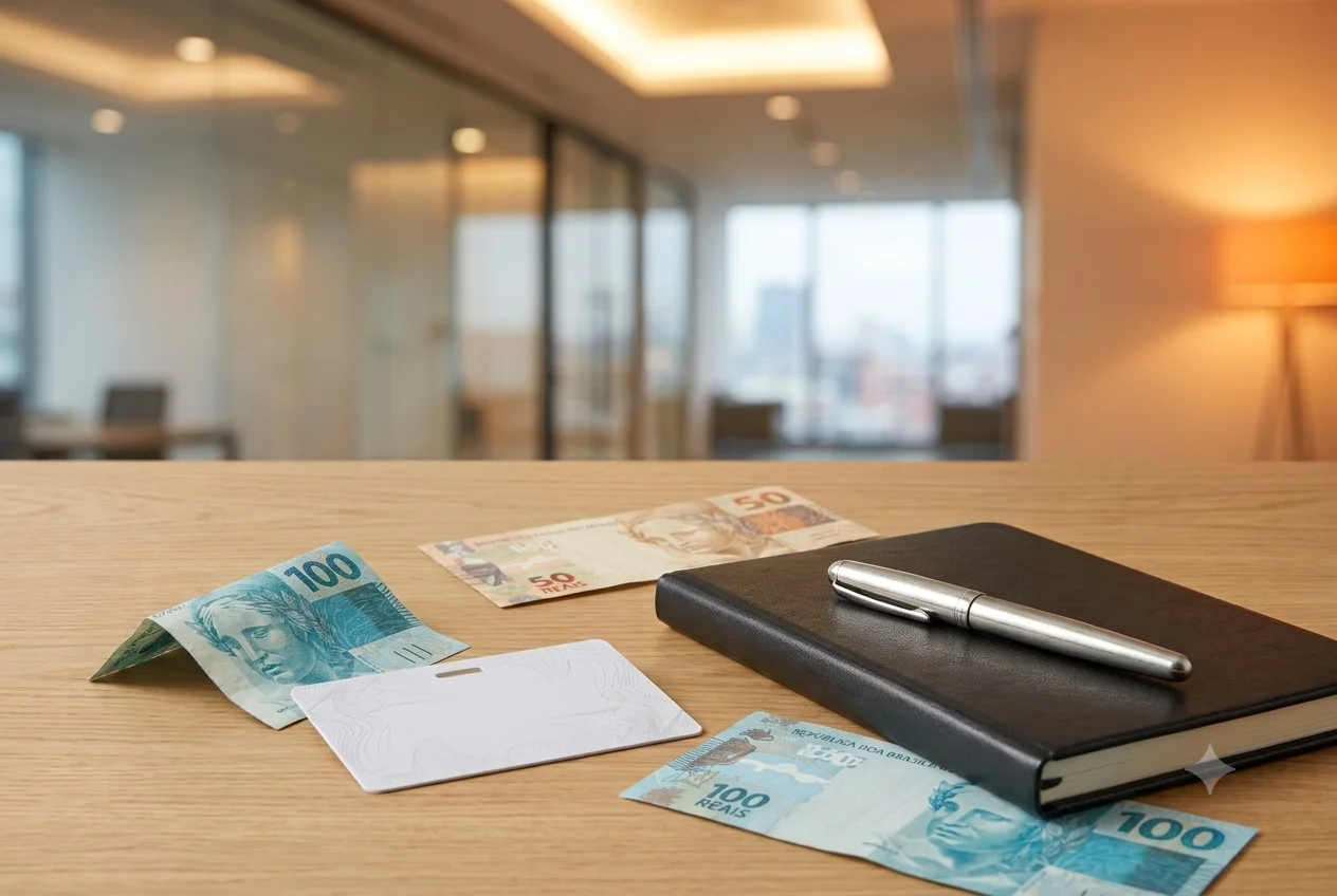 Mesa de escritório com dinheiro, agenda e caneta